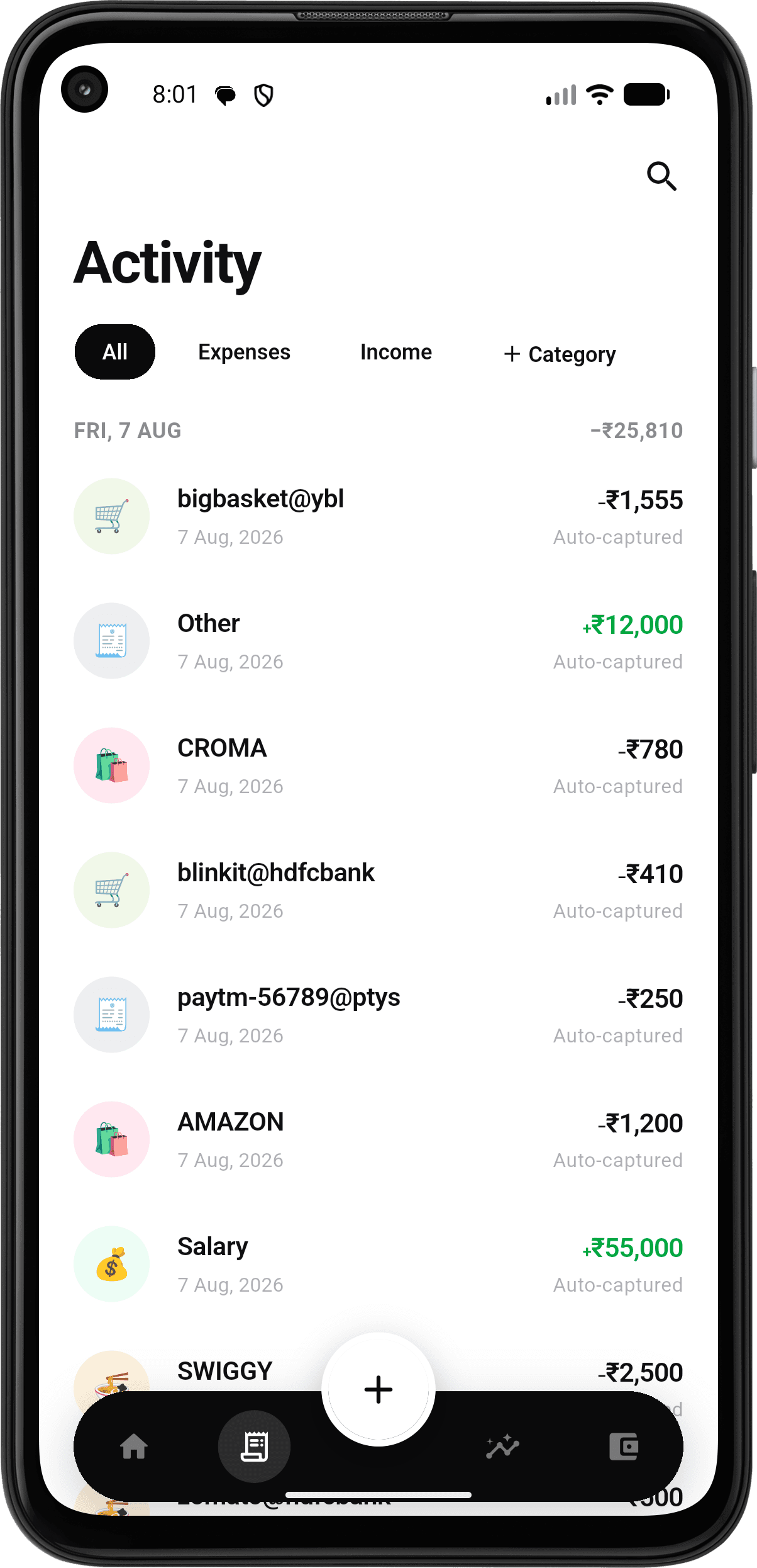 The activity list, grouped by day, with each transaction's merchant, account and amount.