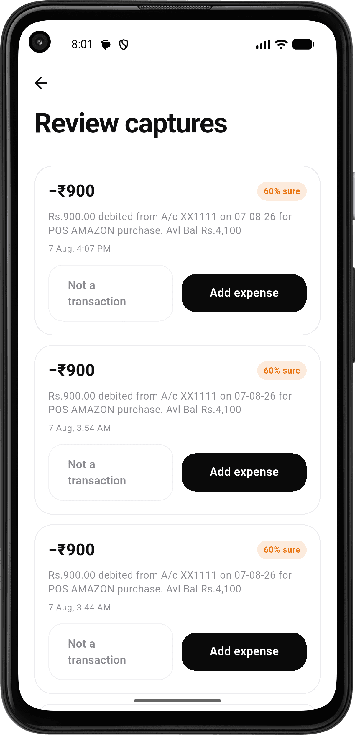 The review queue, showing a captured bank message waiting to be confirmed as a transaction.